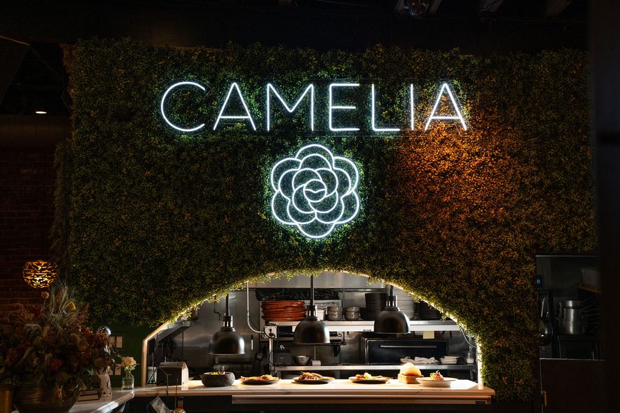 Close-up of the white neon CAMELIA sign and rose icon glowing on the living green wall above the open kitchen